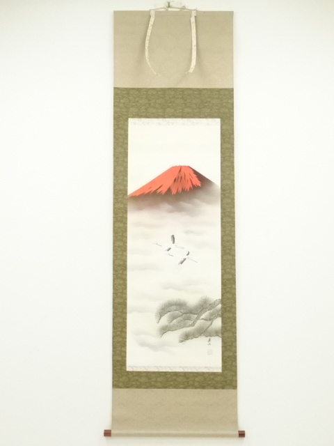 JAPANESE HANGING SCROLL / HAND PAINTED / RED Mt.FUJI 